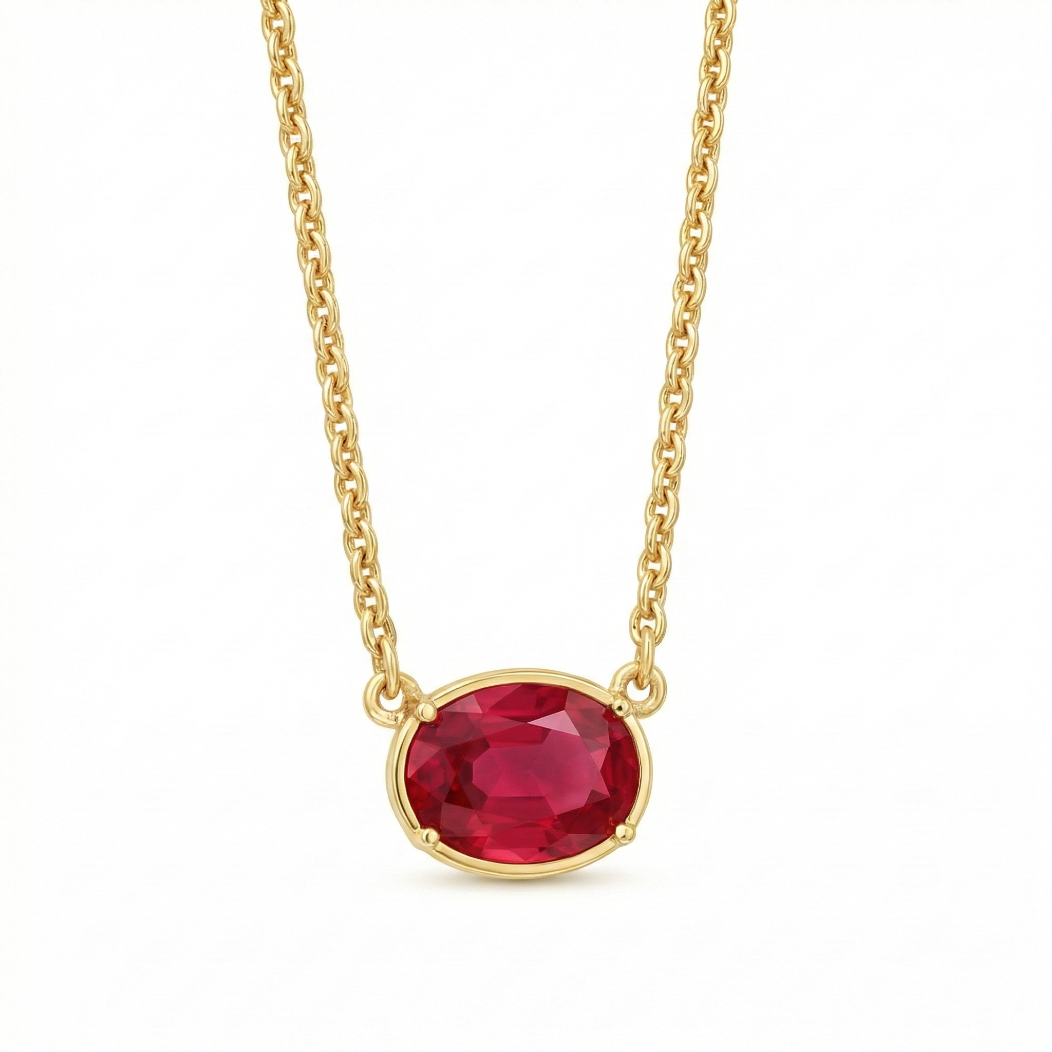 Collier fin doré or 18k avec pierre rouge ovale facettée sur chaîne torsadée